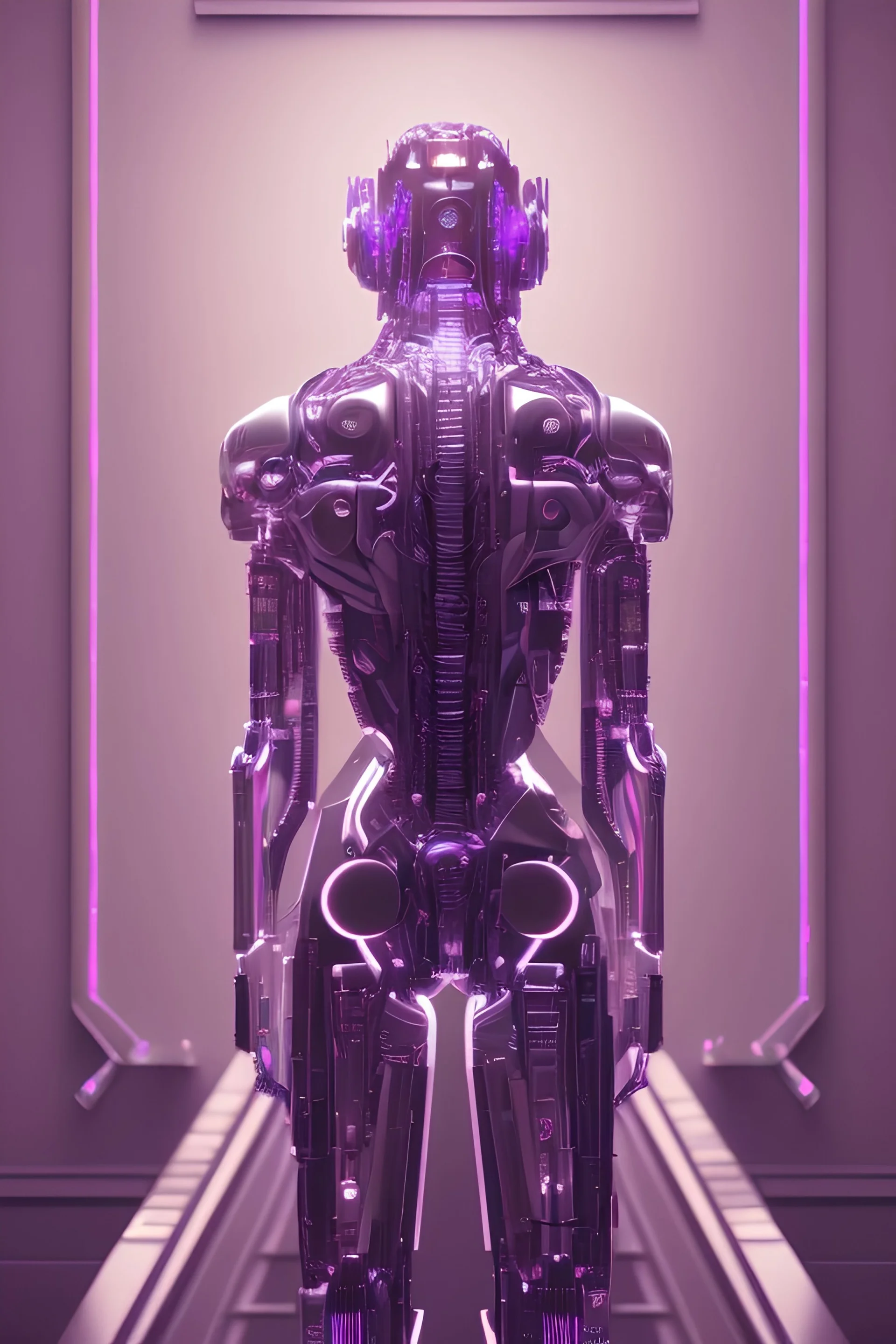 a cyborg watching a mural in a museum art gallery, purple shining lights, octane render, detailed