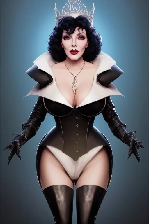 Joan Collins as evil queen in black leather, leather, busty, cleavage, angry, stern look. character design by cory loftis, fenghua zhong, ryohei hase, ismail inceoglu and ruan jia. unreal engine 5, artistic lighting, highly detailed, photorealistic, fantasy