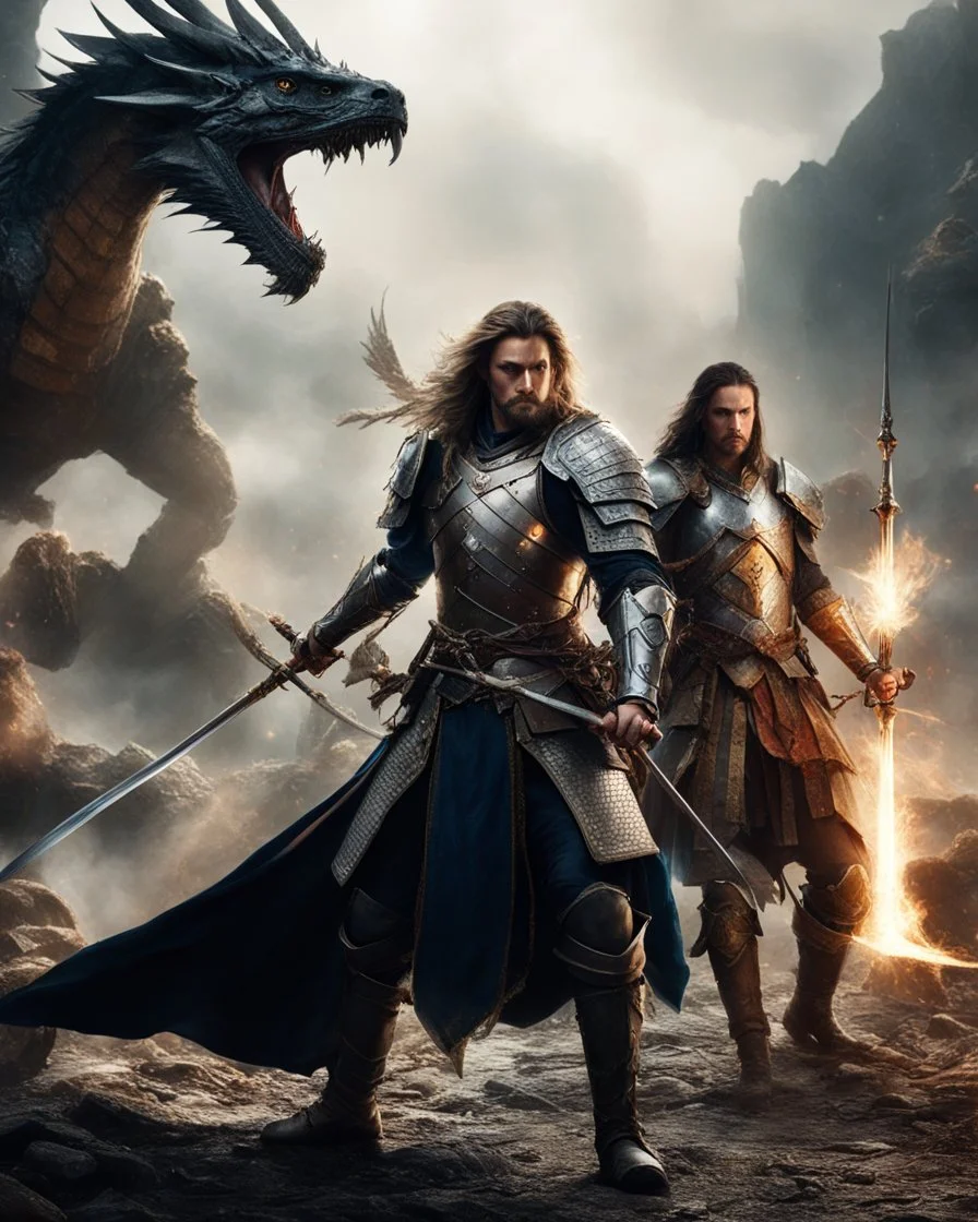 Realistic Photography A dramatic and intense scene featuring several characters, in medieval setting. One character on the left is holding a sword, wearing armor and has long hair. Another character in the middle is wielding a bow and arrow, ready to shoot. On the right, there's another character holding up a torch with one hand and wielding a sword with the other. There are dragons flying in the sky amidst clouds and sunlight breaking through them, adding an epic feel to the scene. A castle