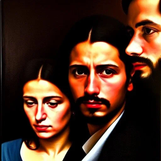 portrait of Jacobo Santiago Mozos born in 1976 and Gemma Arnau Arnau born in 1979,Caravaggio, oil on canvas, cinematic composition, extreme detail,8k,fit full head inside picture,