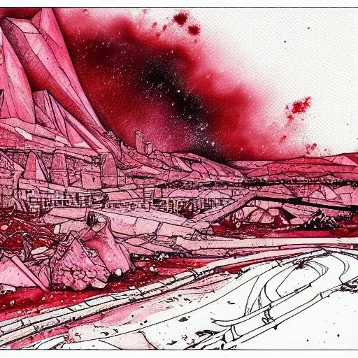  line Art coloured, destroyed, post apocalyptic, darkred tones,