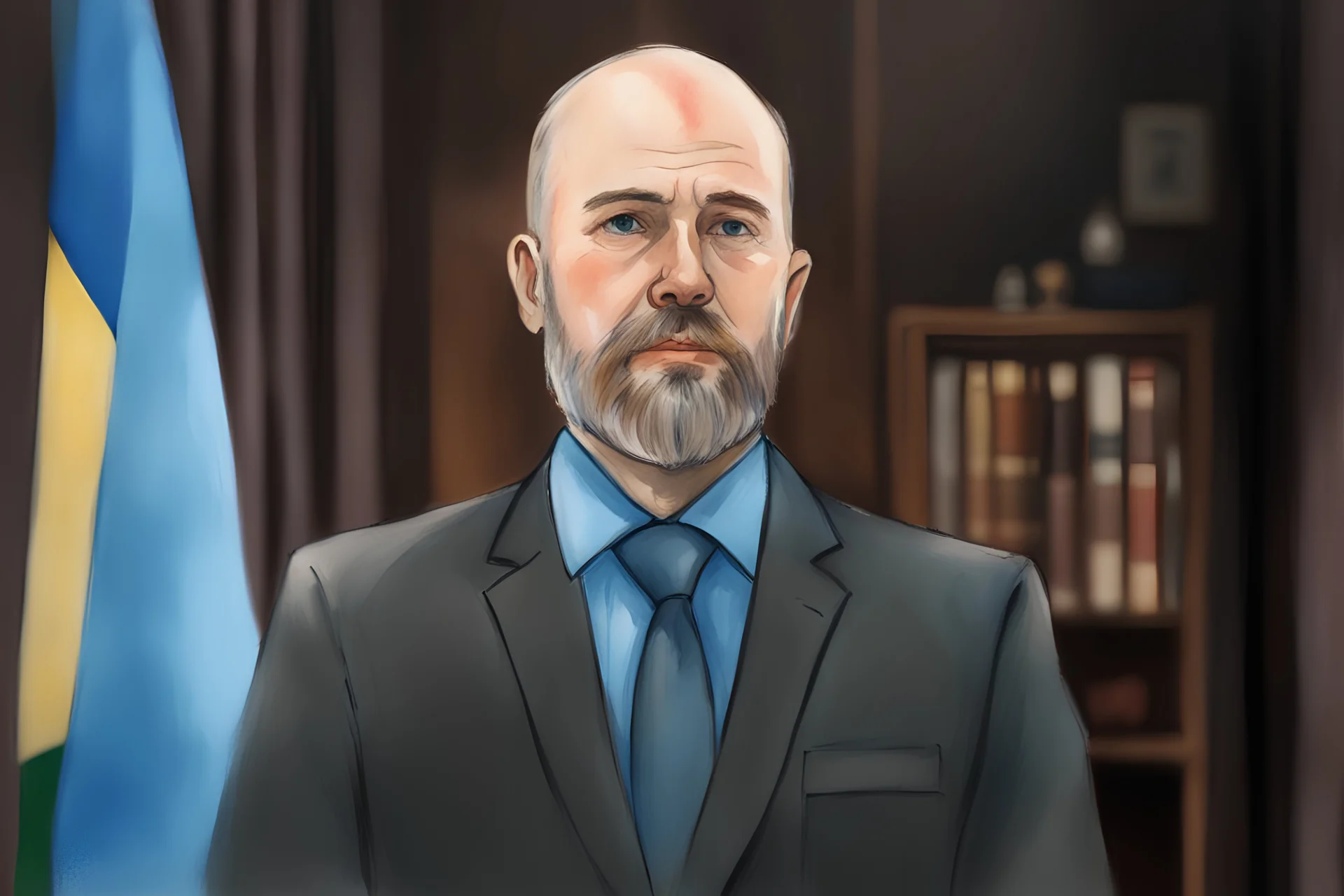 Politician in his office, wearing suit, blue shirt, gray tie, balding, full beard; caroonish, hand-drawn, watercolour