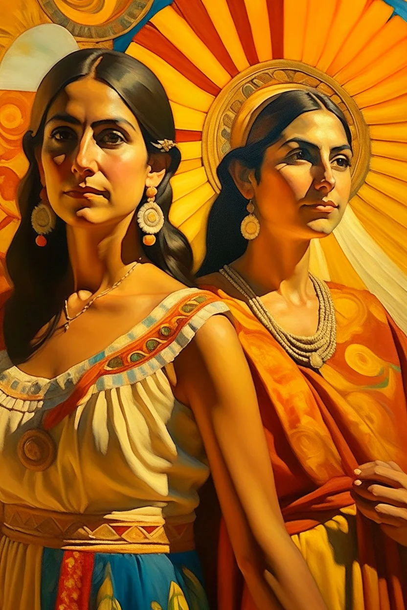 2 mexican woman painting neoclassism whole body zoom the sun