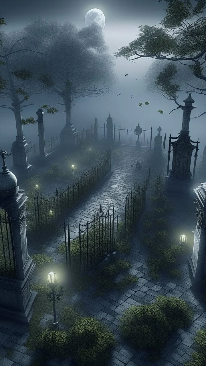 A bird view of a graveyard with full moon and trees with a big gate they are tied to their musical instruments ,surrealism of the dark of a nightmare ten miles high and six foot deep, hyper photorealistic, hyper detailed dark art color, high resolution, fog, octane render, tilt shift, HDRI Environment, all pictures dark gray