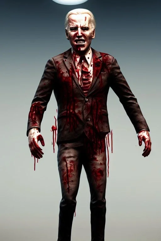 realistic image, joe biden zombie, zombie posing, arm cut and bleeding, amputated leg, night, walking with a limp, waist up view, dark ambient, highly detailed, sky background, concept art, unreal engine 5, god rays, ray tracing, RTX, lumen lighting, ultra detail, volumetric lighting, 3d, finely drawn, high definition, high resolution.