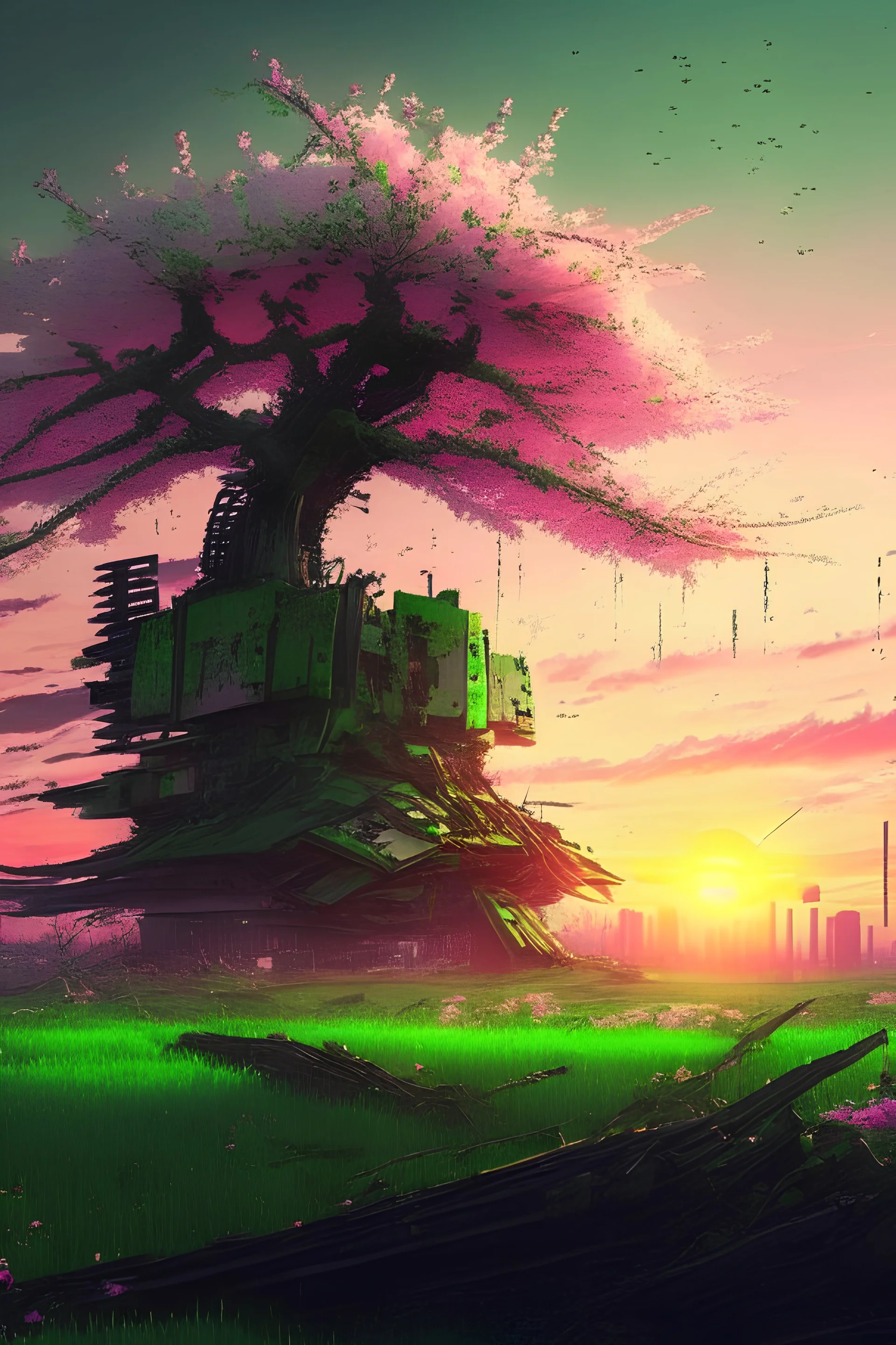 cyberpunk, falling cherry blossom, green fields, japanese, japan, neo-feudal post-apocalypse, sunset, HDR, high detail, 4d