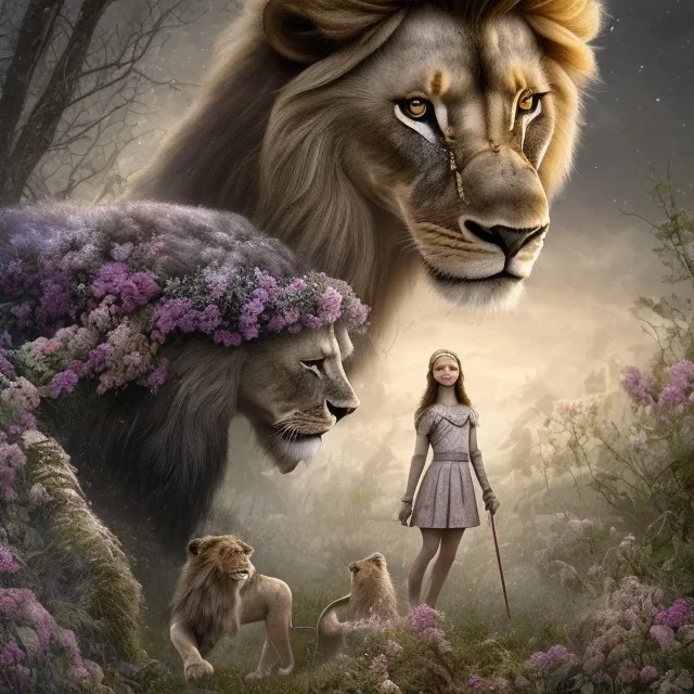 Young beautiful girl with floral crown next to a stunning lion on nature forest path, Chronicles of Narnia, 8k resolution, high-quality, fine-detail, iridescent, intricate, digital art, detailed matte, volumetric lighting, beautiful, illustration, 3D octane render, brian froud, howard lyon, selina french, anna dittmann, annie stokes, lisa parker, greg rutowski,