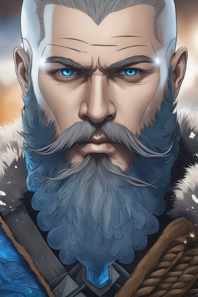 Blue color Ragnar Lothbrok in 8k cartoon artstyle, blue eyes, Bald, beard, tattoos, winter, close picture, highly detailed, high details, detailed portrait, masterpiece,ultra detailed, ultra quality