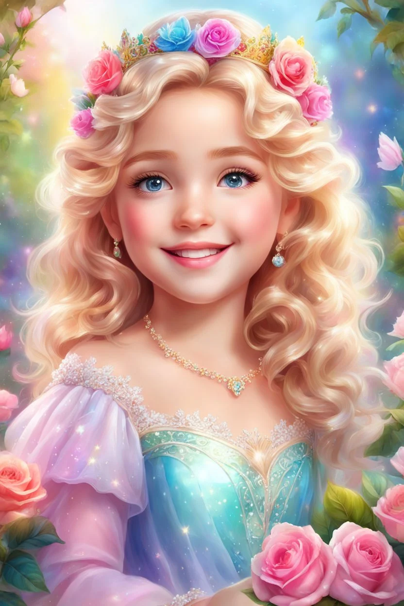 Adorable digital painting of a beautiful little girl in a gorgeous rainbow princess dress, portrait of Elsa, sparkling crown, front view, beautiful smile, shiny golden curly hair, angel eyes, beautiful face, rosy cheeks, pink lips, Elsa face, digital art, surrounded by paradise garden and roses in the background, romantic style, pastel world, high quality, 4k