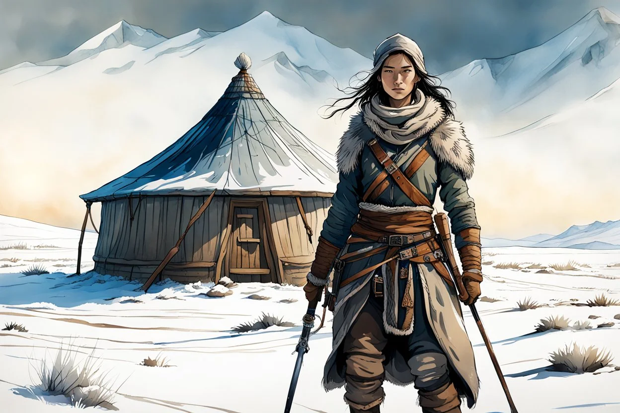 create an ink wash and watercolor, full body, young, otherworldly lost Siberian nomadic female huntress concept art character, with highly detailed, sharply lined and deeply weathered facial features, outside her yurt in a desolate tundra steppe landscape , in natural winter tundra colors, 4k