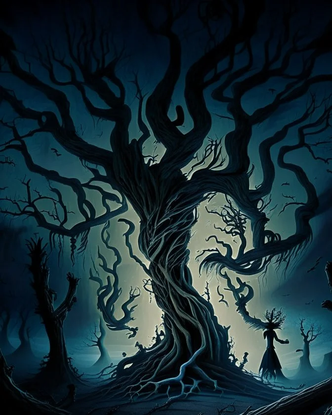 A nightmarish dreamscape with twisted trees and haunting figures.