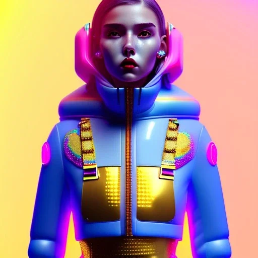 latin woman teenager, few freckles, gold teeth, inflatable coat, purpurin, retro futuristic, latex dress, gradient color, BLUE, PINK, CYAN, neon, insanely detailed, 16k resolution, perfect eyes, cinematic smooth, intricate detail