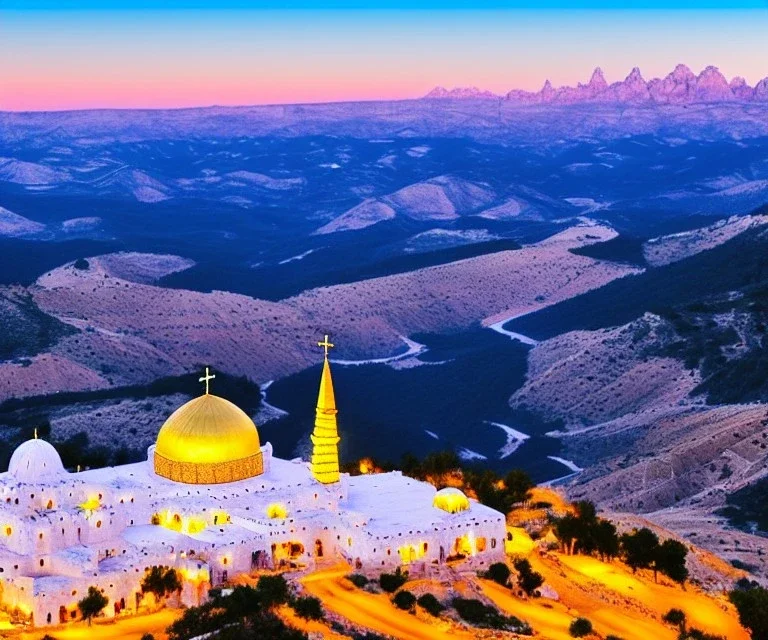 100,000,000 christians, men, women,and children, WORSHIPPING, dressed in white,God in jewish Temple in new Jerusalem, hills and valley in background, dusk, andromeda GALAXY IN SKY