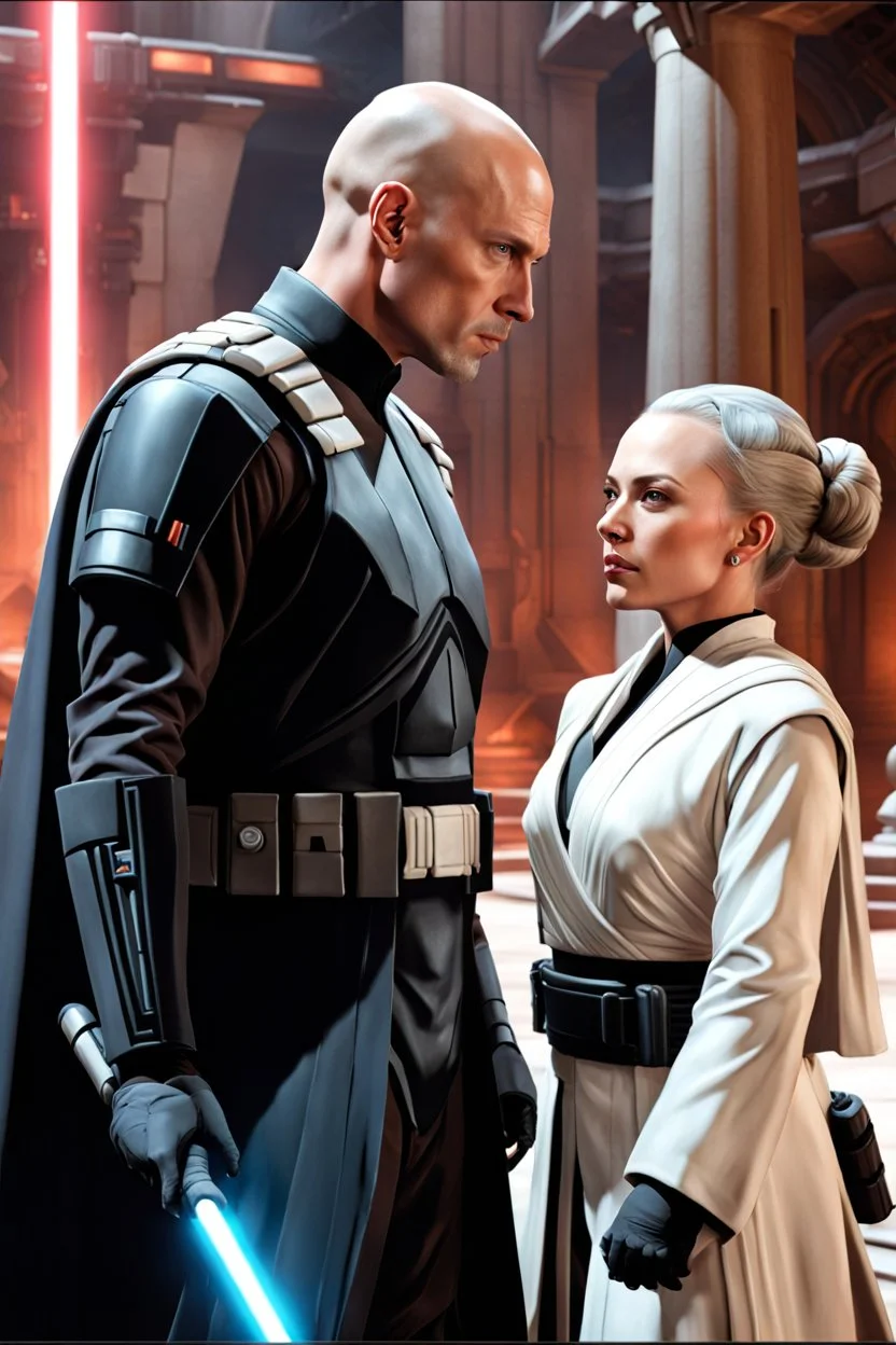 a bold and heroic bald male Corellian pilot in black and grey First Order special forces gear meets a female Jedi Master in ancient, mystical temple, hyperdetailed, dynamic lighting, hyperdetailed background, 8k resolution, volumetric lighting, light skin, fully symmetric details