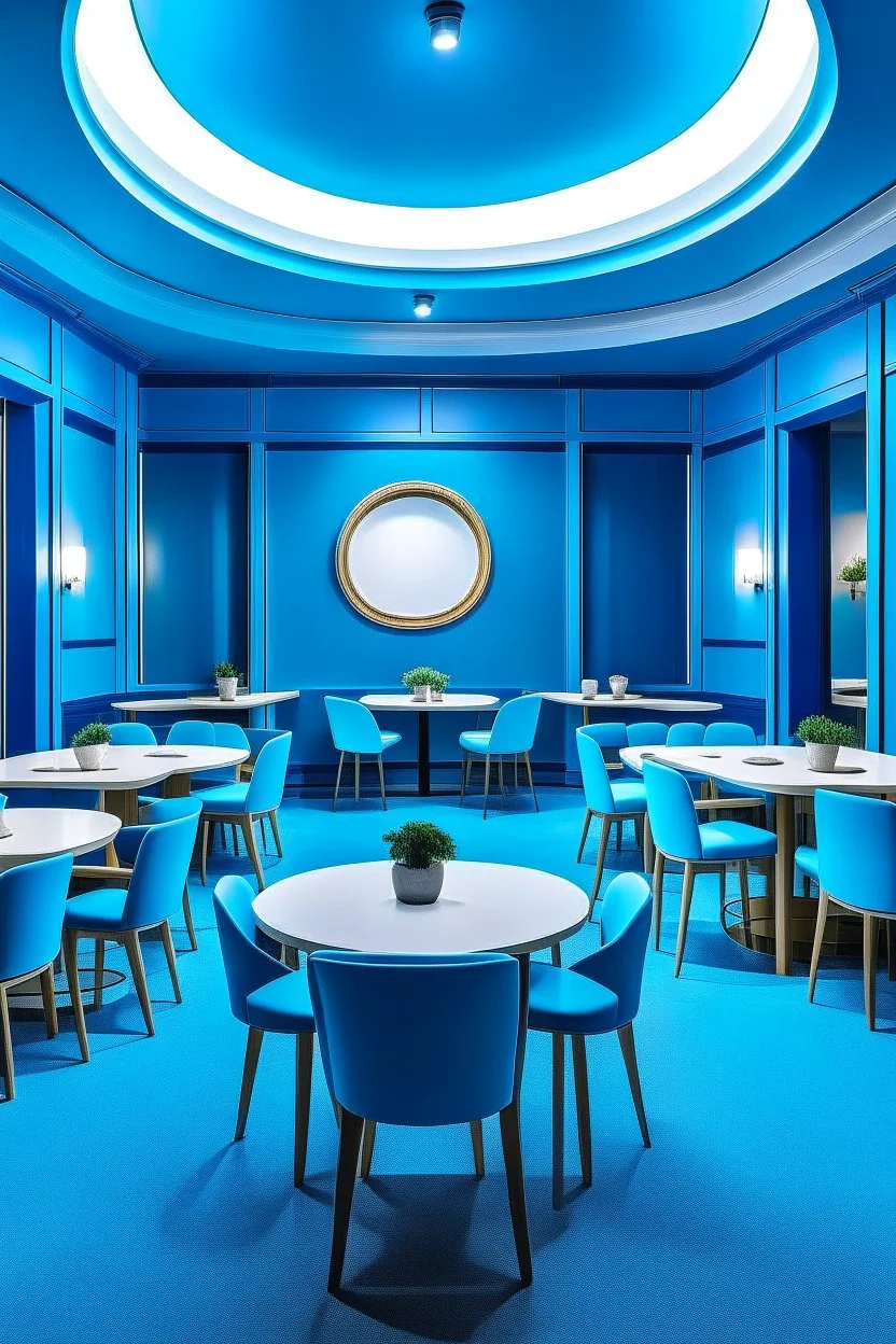 A restaurant with blue walls, a white floor, and an oval-shaped table in the middle of the restaurant with 30 chairs