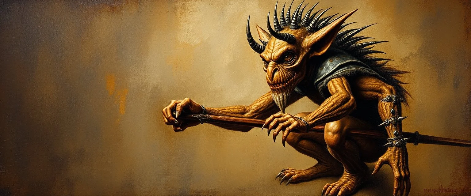 master oil painting by Rembrandt, spiked trike man, gremlin brown