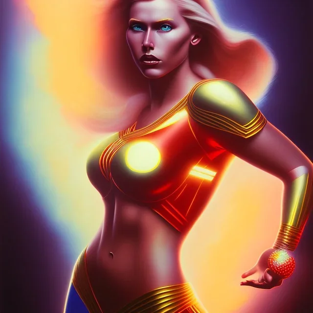 blonde superwoman. oil on canvas, kodachrome, volumetric light