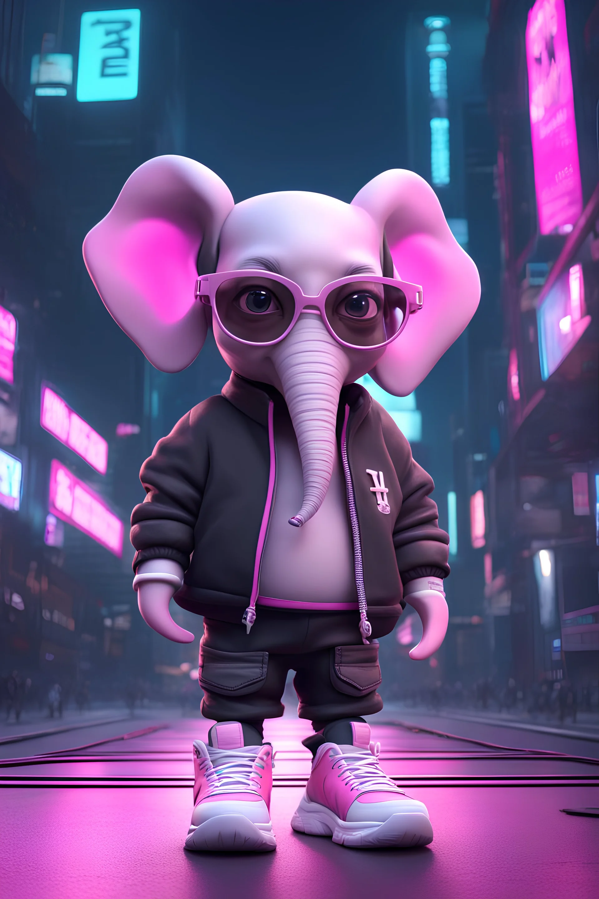 cartoon cute elephant with white and sneakers, Cyberpunk realism style, front view,wearing a pair of black glasses, zbrush, Arys Chien and light magenta, lit children, 32k uhd, street fashion, round,8k,HD