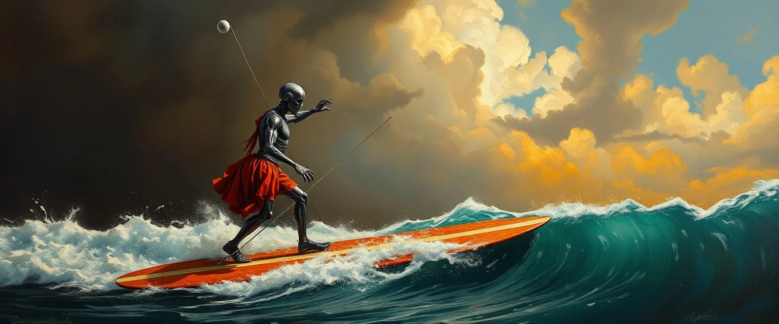 master oil painting by Rembrandt, viggo sandvik as insane robot on surfboard
