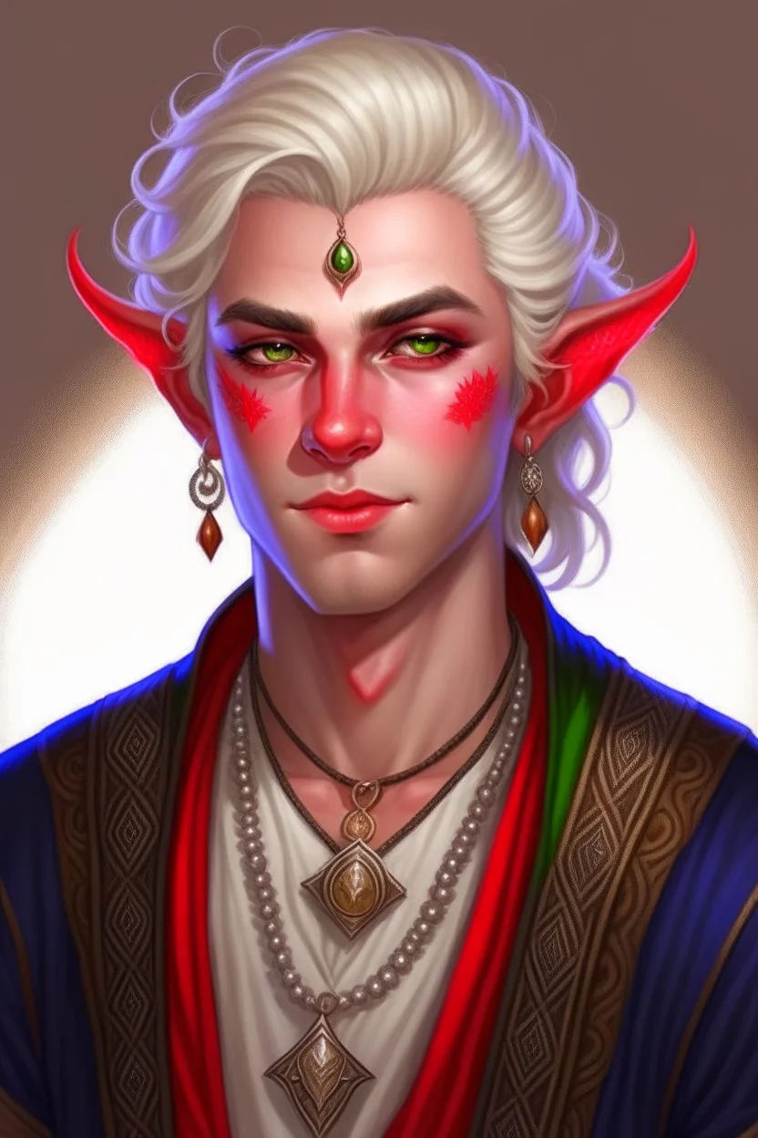 A tiefling young man with white blonde hair and lots of jewelry