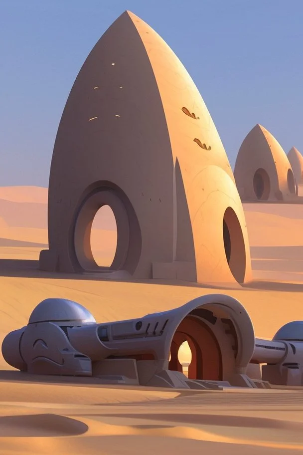 many alien buildings, in the desert, surrounded by acacia trees, dunes, pathways, roads, mountains, blue sky