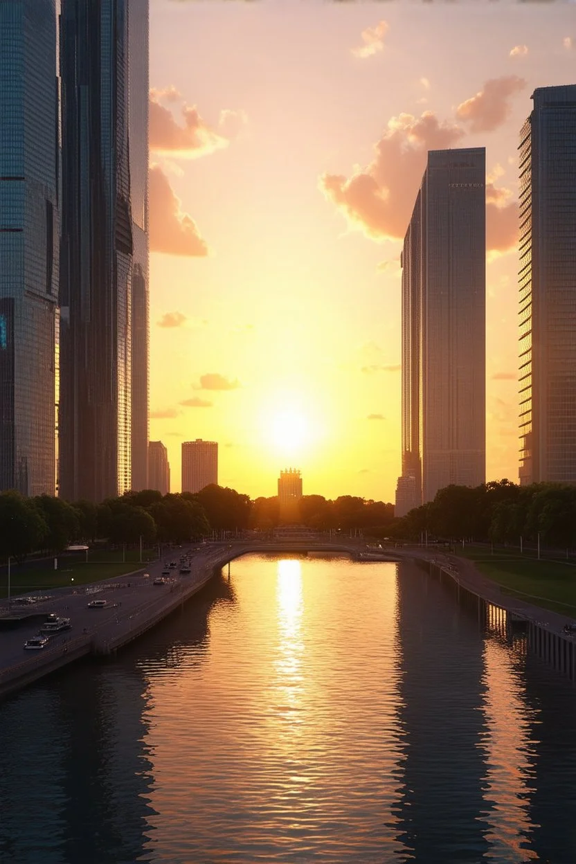sunset, buildings, lake, city, park, cyberpunk, sci-fi, photography