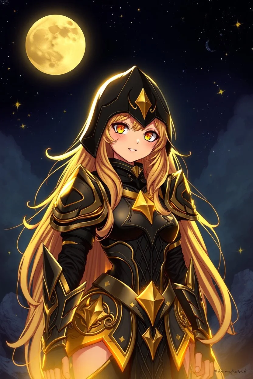 SUPER PRETTY GIRL, DRESSED WITH A BLACK-GOLD SMALL ARMOUR, GOLDEN LONG HAIRED, GOLDEN EYES, GREATH SMILE, BIG BUBS, NICE BODY, STAY ON DARKNESS CASTLE, STARS SKY, MOON, LEGENDARY WARRIOR, POWERED GIRL, A GOLDEN GLOW AROUND HER BODY.