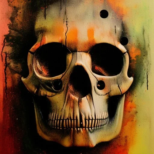 abstract photo camera in skull shape. Smoke in atmosphere. Dark mood. Dripping paint. oil on canvas, mixed media, high detailed.