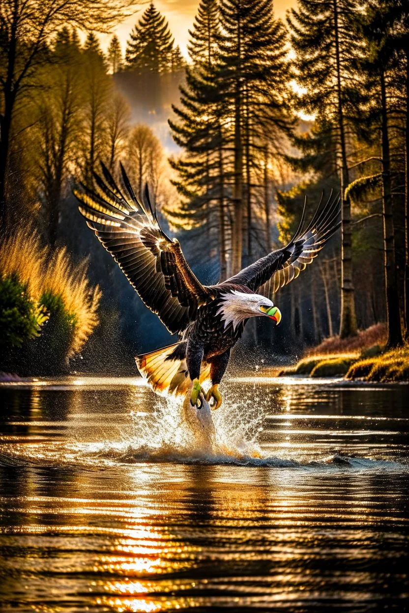 An image capturing a majestic eagle in flight, gripping a large fish in its talons as it soars above a winding river. The sunlight glistens on the water below, and the eagle's powerful wings spread wide against the sky. The scene showcases the eagle's incredible hunting prowess and the dynamic beauty of the natural world.