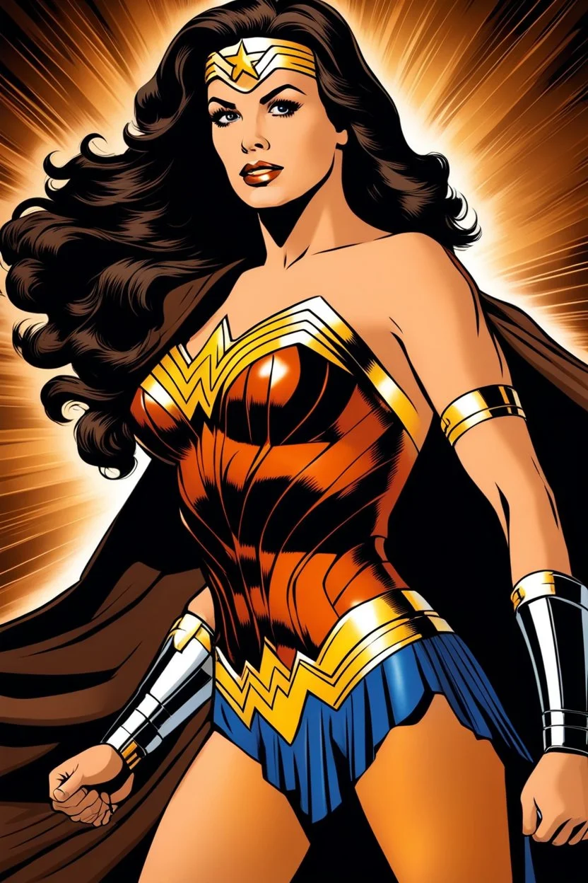 dark brown wood panel background with an overhead spotlight effect, Marie Osmond dressed as Wonder Woman facing to the side looking back over her shoulder, full color -- Absolute Reality v6, Absolute reality, Realism Engine XL - v1