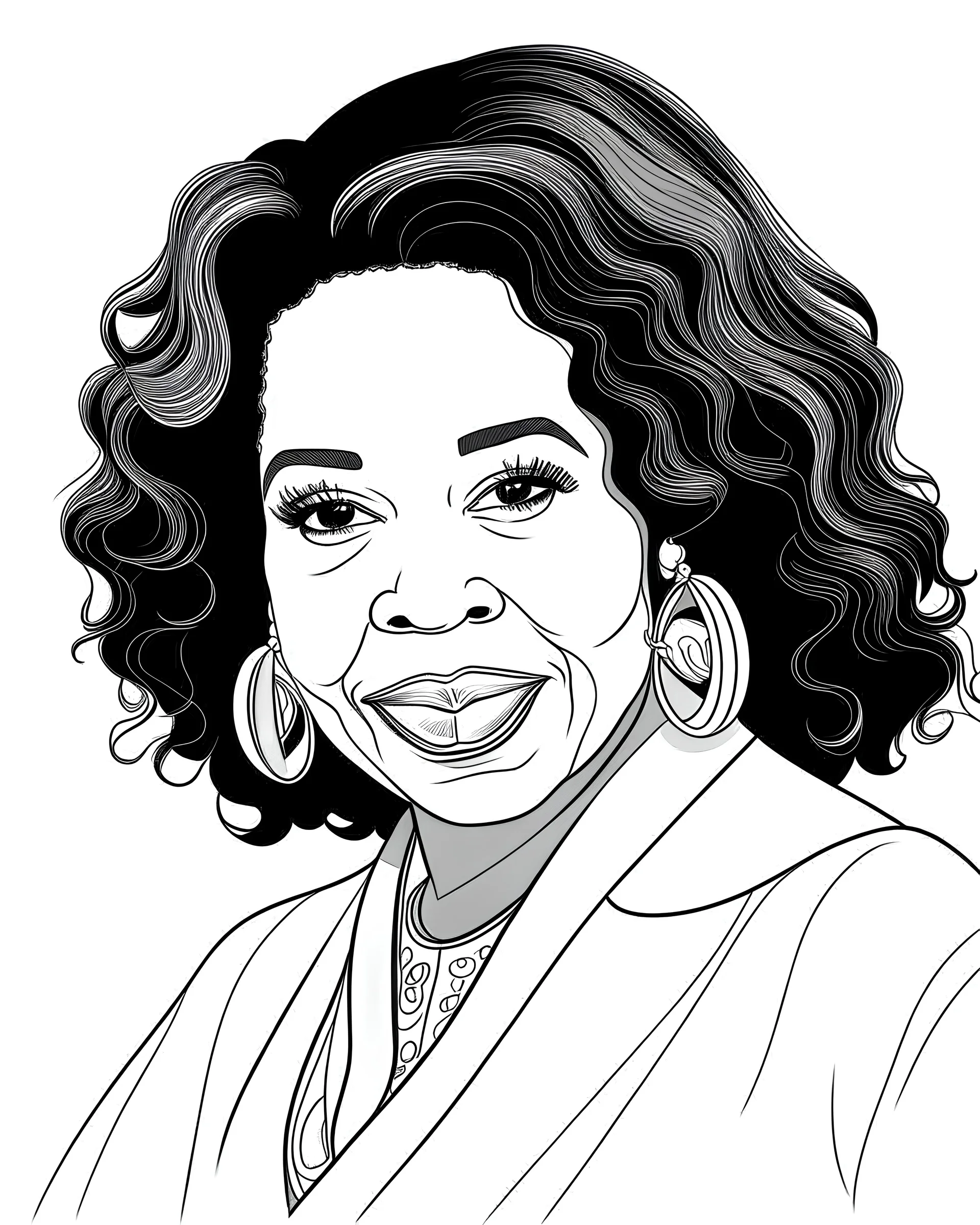 illustrate image of Oprah Winfrey, simple line ar, white background, high quality, no gradient, , no fill, no solids, coloring book for kids