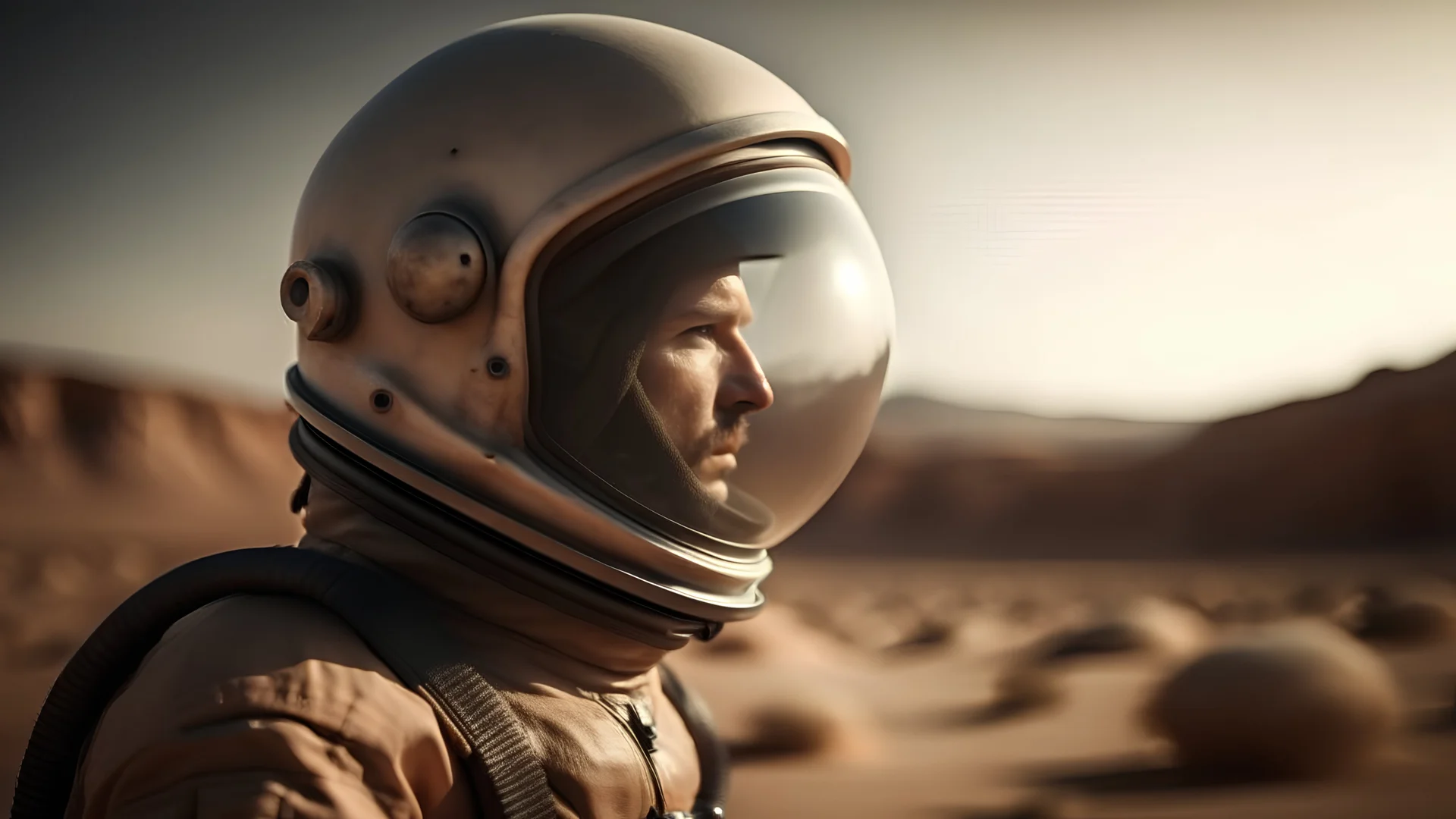 man with astronaut helmet mid up photo realistic-cinematic, man with astronaut helmet, Eye Level Shot, sand - storm, mars desert, peach light, movie still style raw