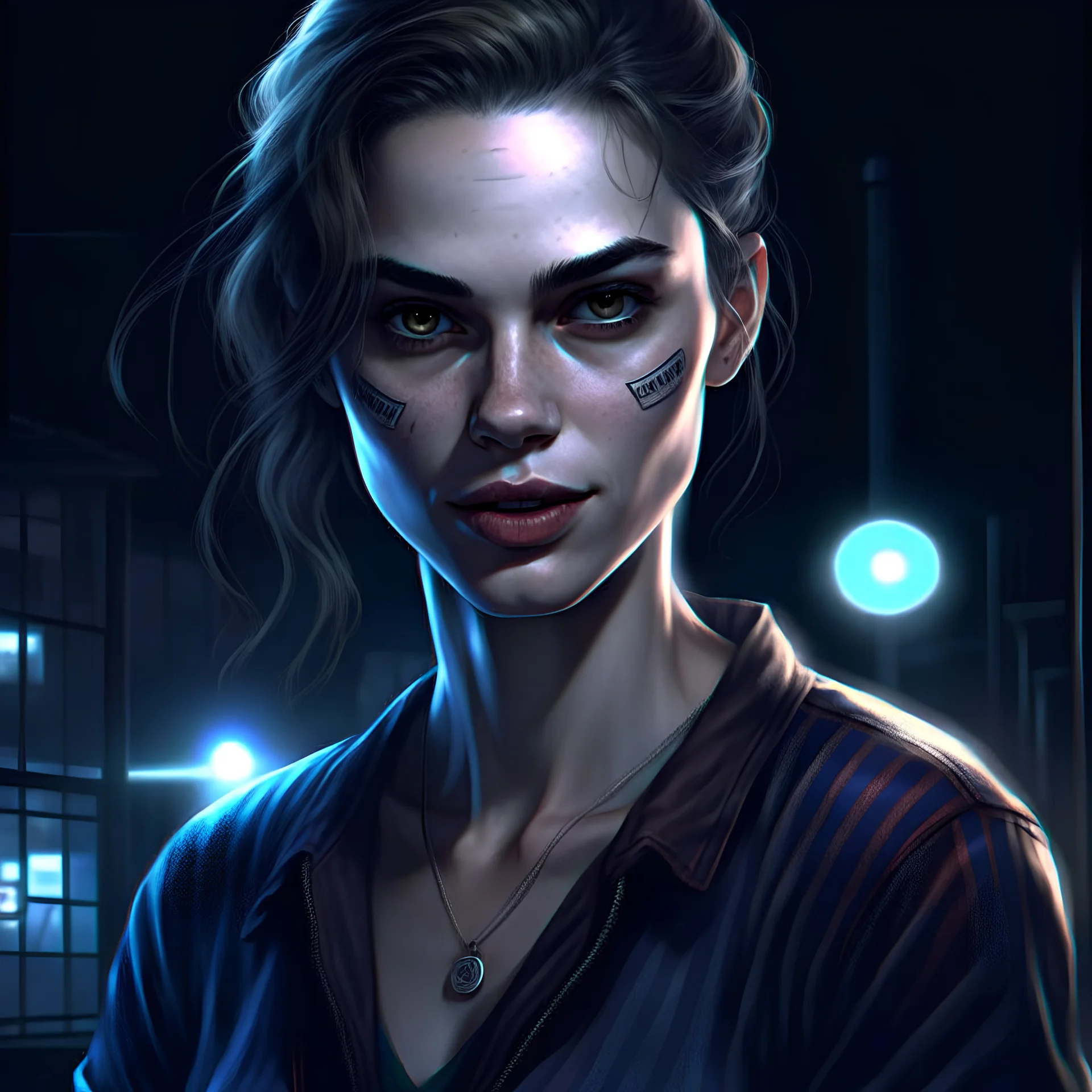 Vampire the masquerade looking female brujah character looking confident with an ice cold knowing smile, a slighty crooked nose and an eyebrow slid and more like a tomboy with a red flanell shirt in a fighting ring, photorealistic artstyle