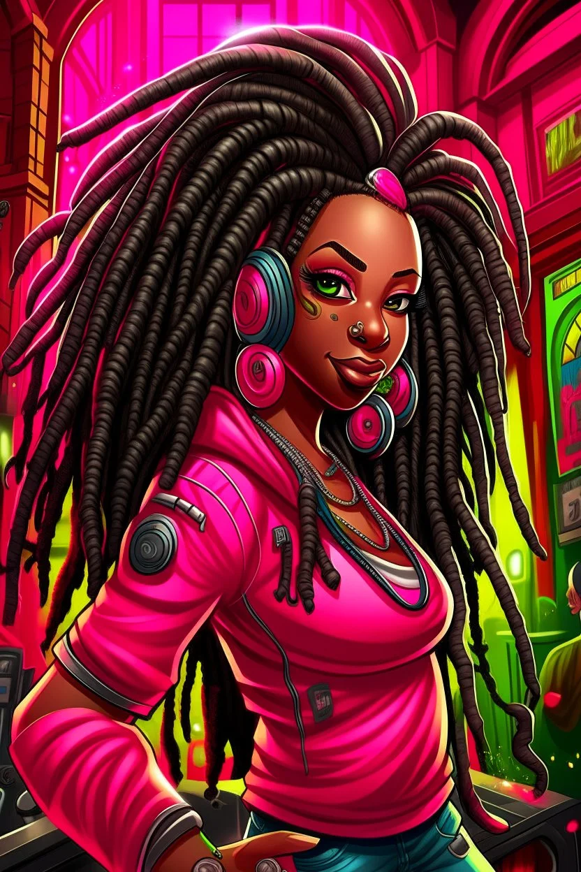 Create a digital airbrush cartoon of a curvy African American female wearing a hot pink jean outfit with timberland boots. Prominent make up with hazel eyes. She is wearing large diamond hoop earrings. Extremely highly detailed very long dread locs hair that shines. Background of a night club.