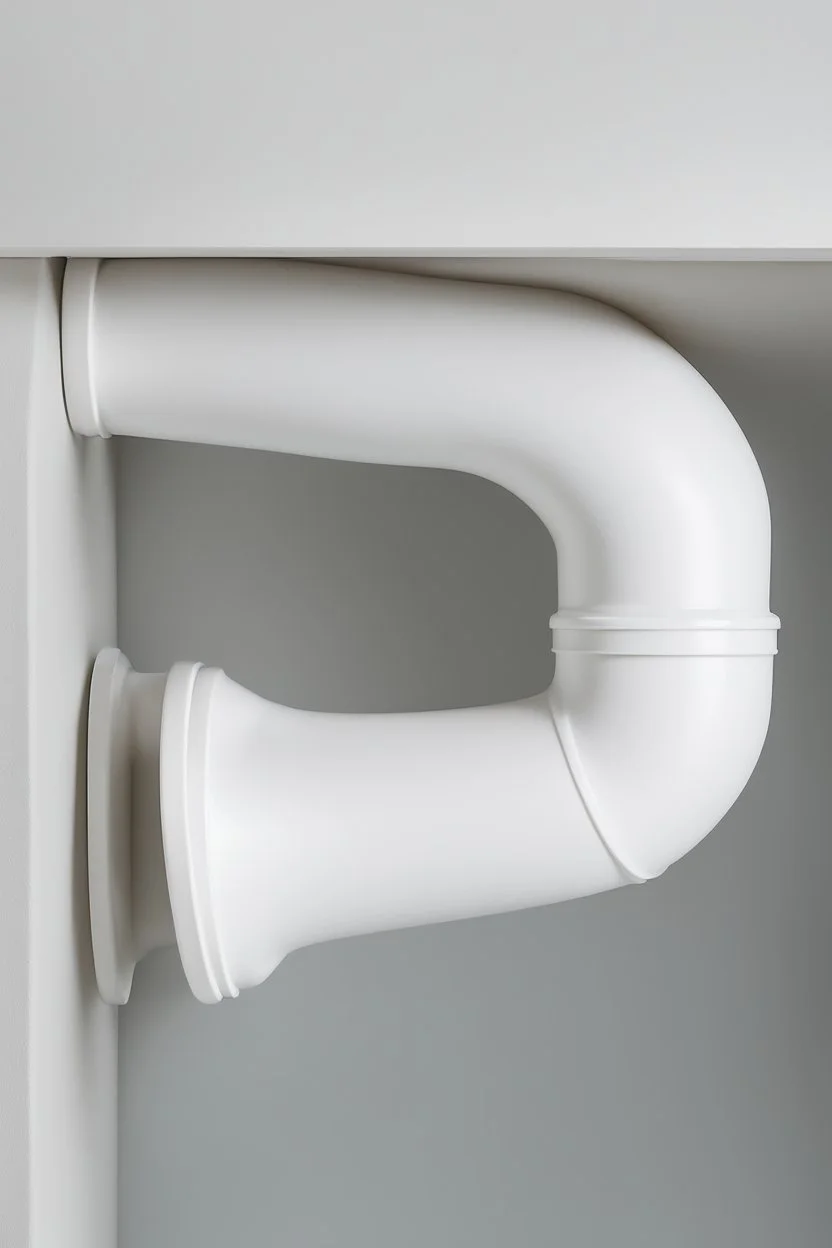 A studio-shot photograph of a high-quality white sewage plumbing PVC 90-degree elbow. The image is captured using professional photography techniques, ensuring every detail is crisp and clear. The depth of field technique is utilized to focus on the intricate structure of the elbow, while the background is elegantly blurred, giving it a luxurious and sophisticated look. The matte finish adds a touch of elegance, and the clear water flowing through the elbow creates a sense of movement and dynami