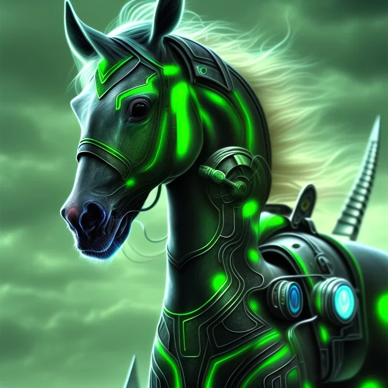 A beautiful portrait of a cyborg horse green color scheme, high key lighting, volumetric light high details psychedelic background