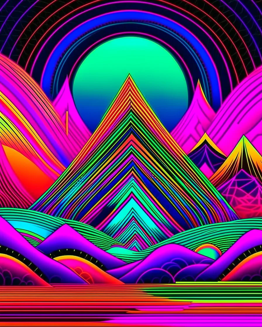 psychedelic landscape with geometrical patterns and neon colors