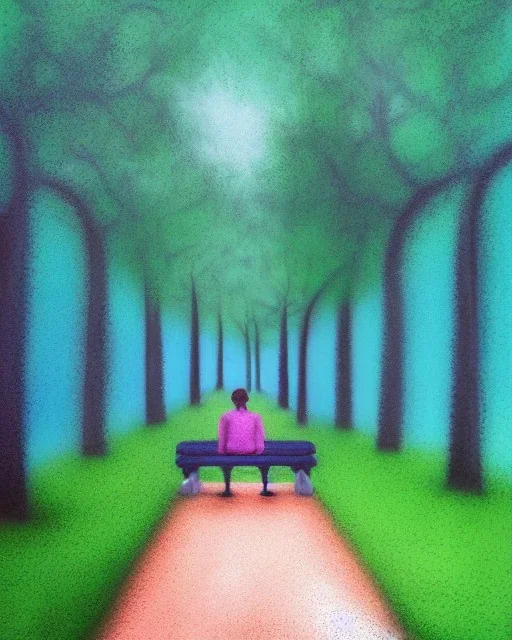 park mystical dream, park bench, man, woman, child, dog, trees, path, bird, sunshine, mystical, fantasy, romanticism, pastel colors, daylight, daytime, acrylic painting, detailed, soft focus,