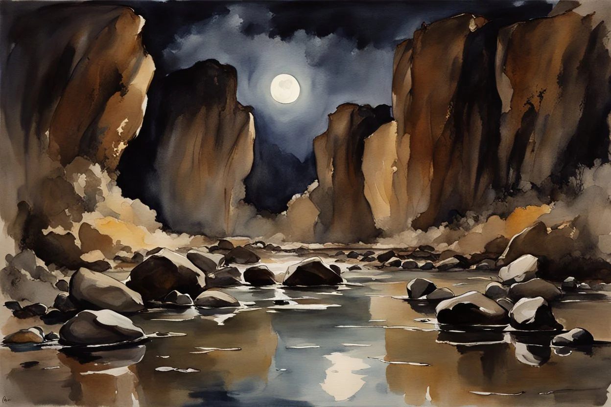 Night, rocks, gothic horror movies influence, puddle, mountains, epic, john singer sargent watercolor paintings