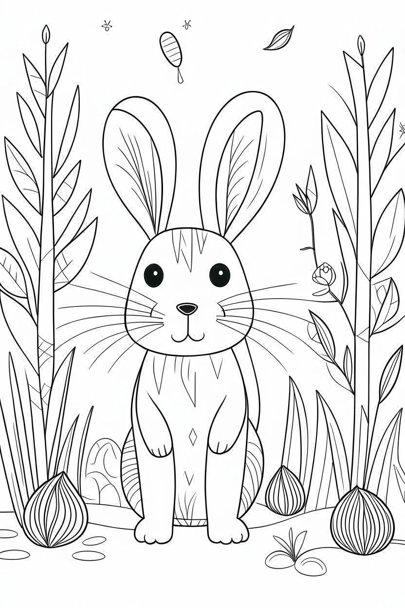 Coloring page for toodlers, with a cute forest hare, very Bold outlines and white background, minimal number of elements, very simple