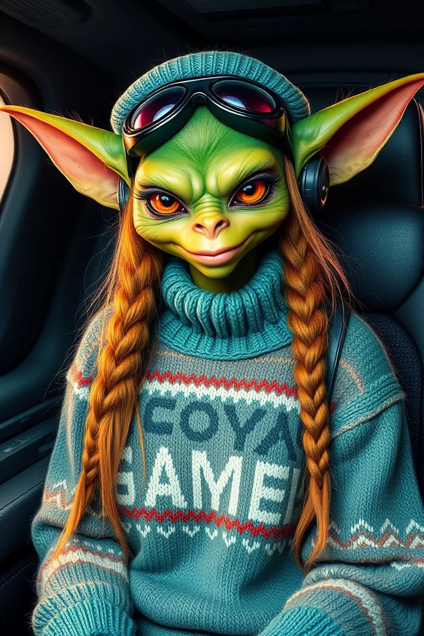 furry gremlin alien woman air captain wearing a "pooyan game" sweater