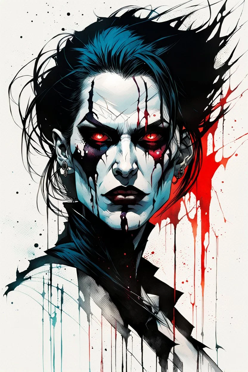 create a highly ethereal, darkly magical full body portrait illustration of a ragged malevolent female goth vampire , with highly detailed and deeply cut facial features, in the comic art style of FRANK MILLER and BILL SIENKIEWICZ, searing lines and forceful strokes, precisely drawn, boldly inked, with vibrant colors