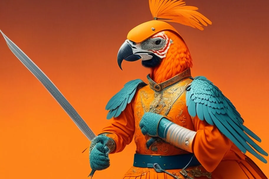 half parrot half human in a orange Dutch uniform with a katana having a sword fight against another person