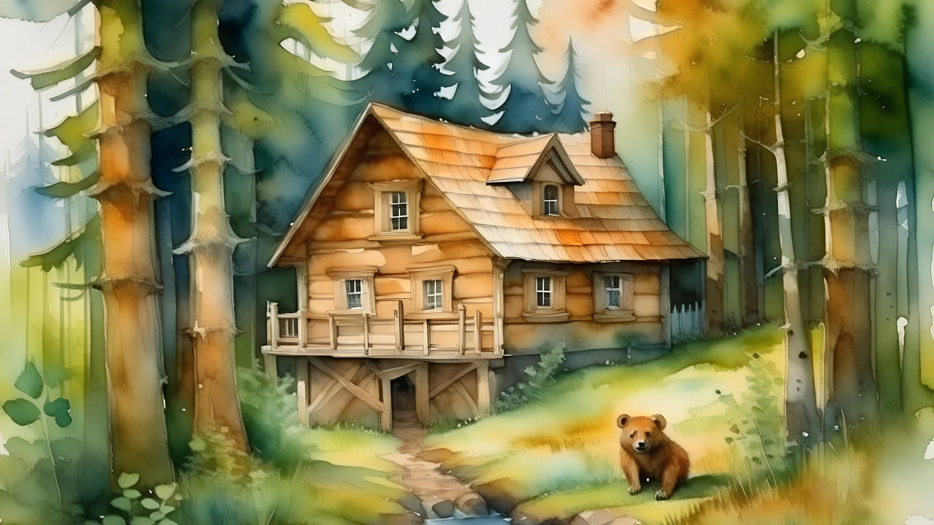 watercolor painting wooden home of bear in the forest