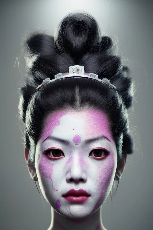 japan head portrait,geisha makeup, meditation, galaxy sky, 8k quality , portrait,beautiful ghost in the shell , post-apocalyptic in a sin city, realistic, intriacte detail, sci-fi fantasy style, volumetric lighting,24mm , particales,highly detailed,cinematic, deep purple , green eyes .