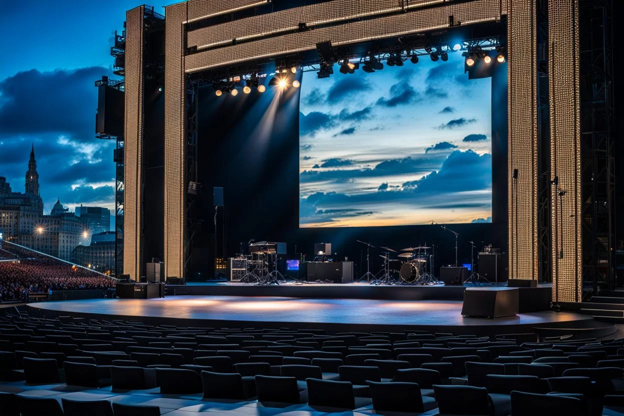 a big open empty disko stage in modern city in a very big square , at distance,blue sky pretty clouds ,night .