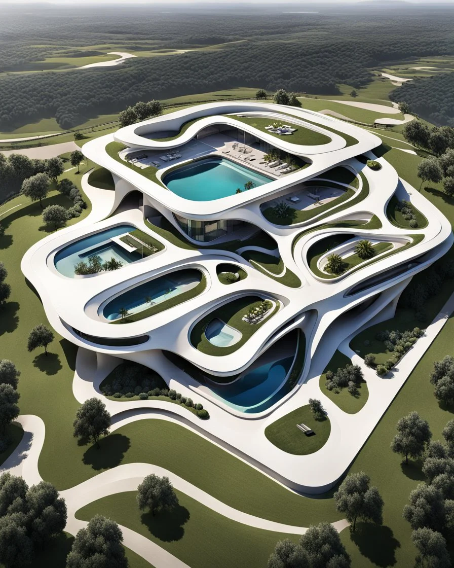 Vista aérea Casa campestre estilo Zaha Hadid, ultra quality, hyper-detailed, maximalist, 8k