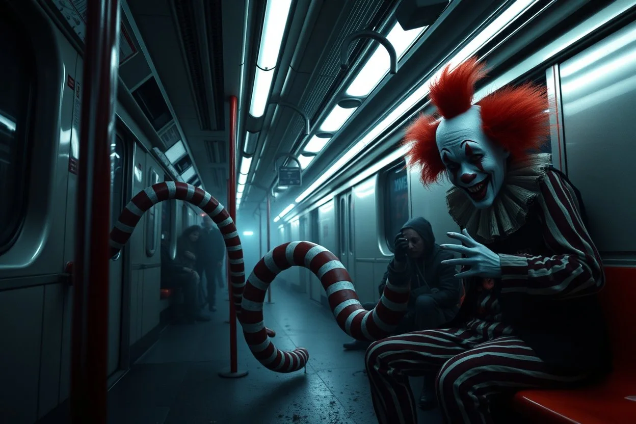 Horror Movie scene of a Clown centipede monster train in the subway station, scary