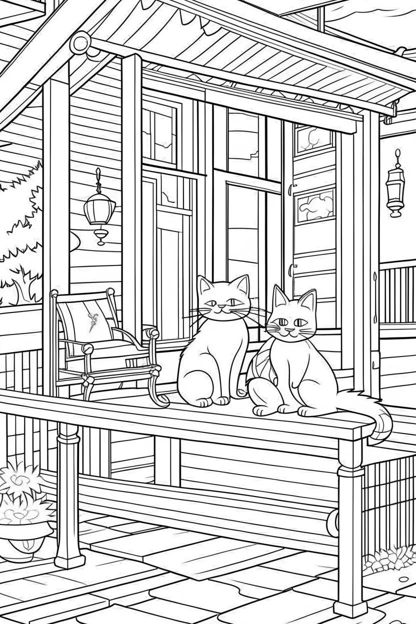 coloring page for kids, Cats on the porch, cartoon style, thick lines, low detail, no shading