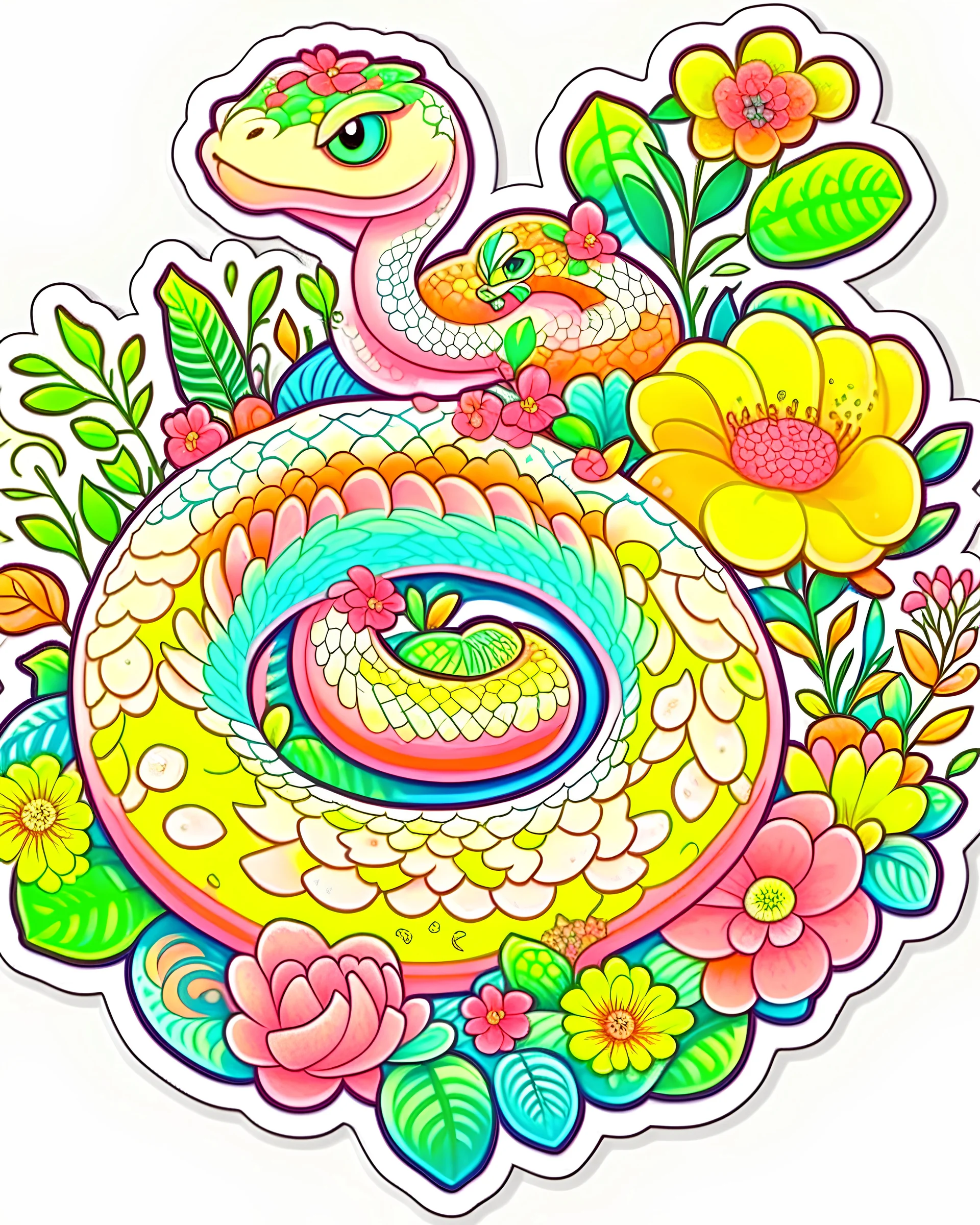 STICKER, A detailed illustration a print of vivid cute snake, fantasy flowers splash, vintage t-shirt design, in the style of Studio Ghibli, white and orange flora pastel tetradic colors, 3D vector art, cute and quirky, fantasy art, watercolor effect, bokeh, Adobe Illustrator, hand-drawn, digital painting, low-poly, soft lighting, bird's-eye view, isometric style, retro aesthetic, focused on the character, 4K resolution, photorealistic rendering, using Cinema 4D